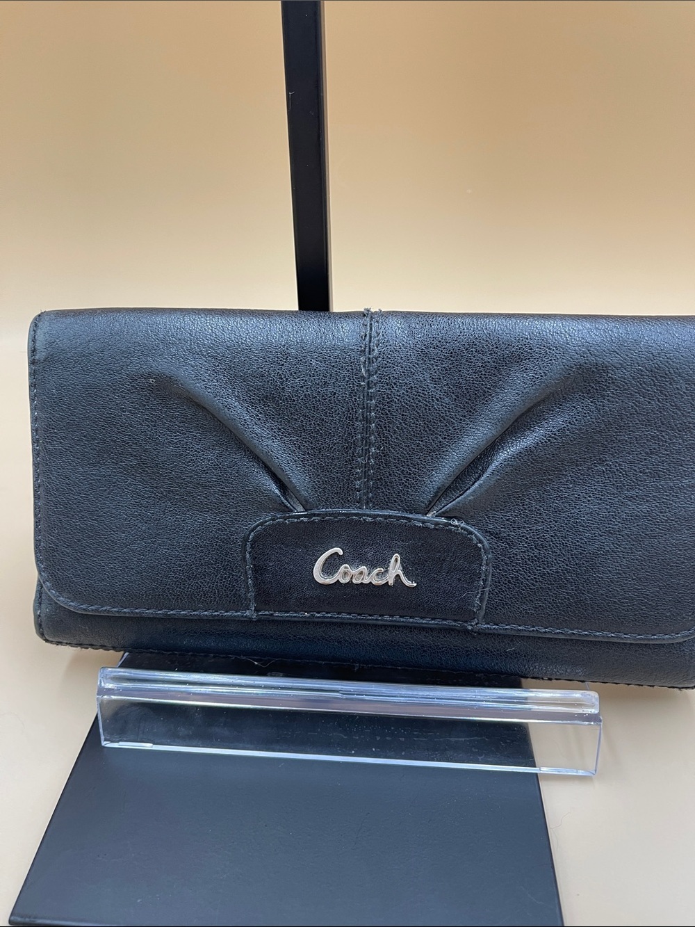 Coach Black Leather Flap Wallet with Silver Logo